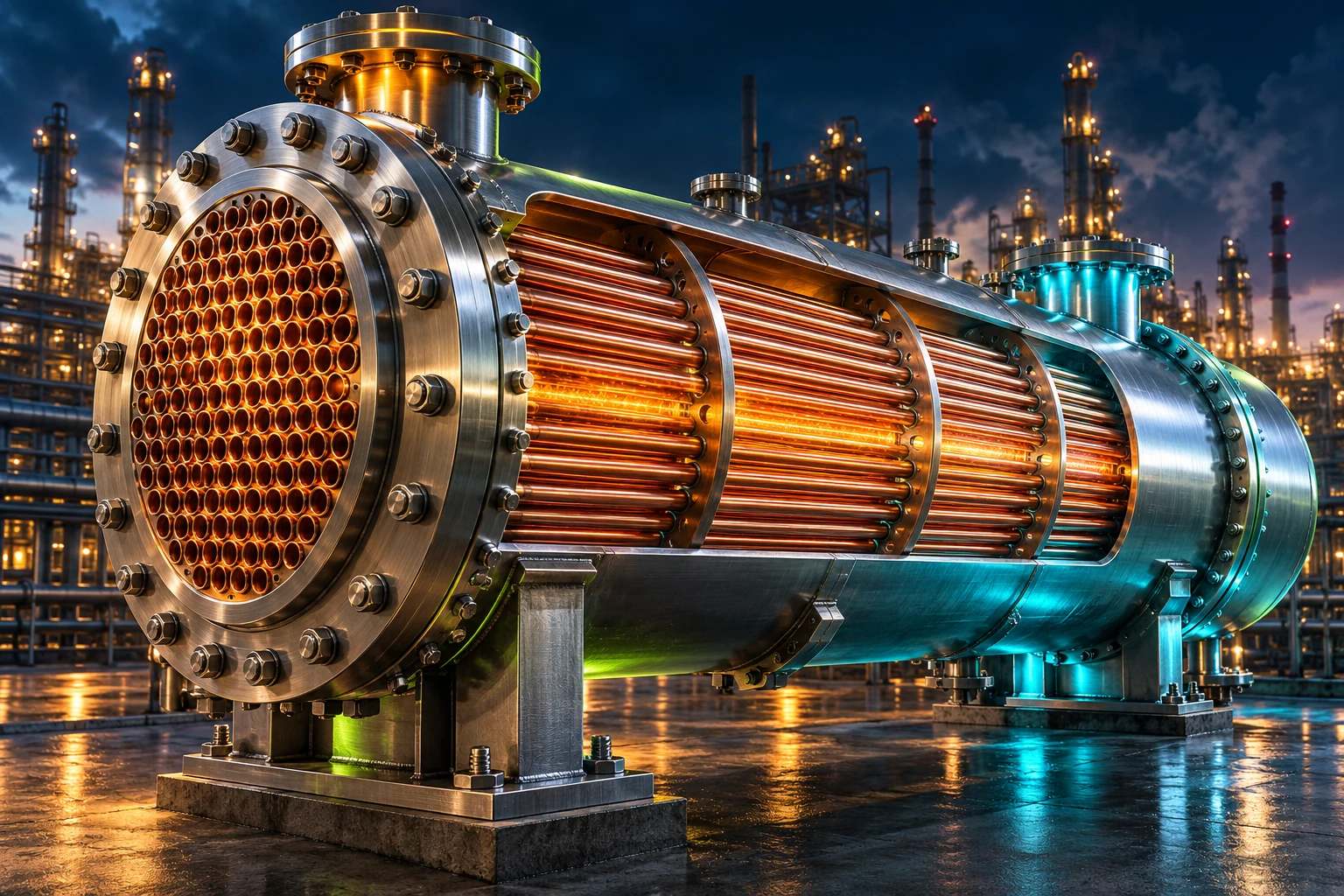 Cinematic illustrative cutaway of a shell-and-tube heat exchanger with amber and cyan lighting in an industrial setting